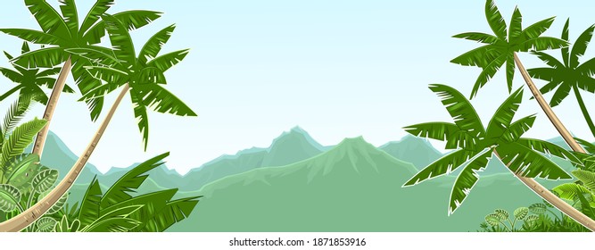 Tropical jungle landscape. Plants, shrubs and palms. Sky. Cartoon flat style. Mountains on the horizon. Background illustration. Vector