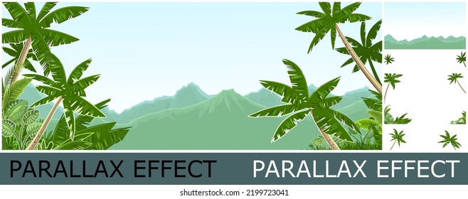 Tropical jungle landscape. Plants shrubs and palms. Cartoon flat style. Mountains on horizon. Background illustration. Image from layers for overlay with parallax effect. Vector.