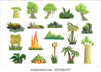 Tropical Jungle Landscape Set, Design Elements For Computers Game Interface Vector Illustrations