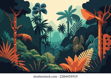 Tropical jungle landscape. Vector illustration in flat cartoon style. Tropical rainforest with exotic plants