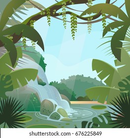 Tropical jungle landscape with waterfall and trees, rocks and sky. Green palm wood or forest with wild nature and bush foliage, waterfall stream or current at lake and shrubs. Rainforest flora theme