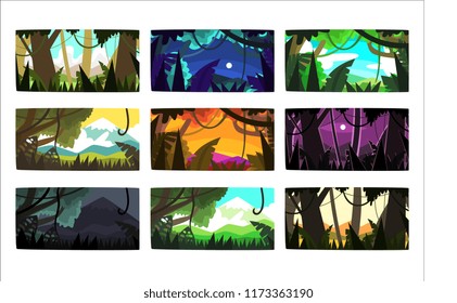 Tropical jungle landscapes set in different different colors and times of day