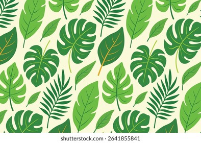 Tropical jungle leaf seamless summer vector pattern for fabric prints, swimwear, beachwear, tote bags, wrapping paper, pillow covers and product packaging.