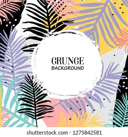 Tropical jungle leaves background with blot frame. Colorful tropical poster design. Exotic leaves art print. Wallpaper, fabric, textile, wrapping paper vector illustration design