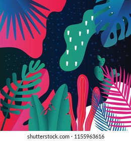 Tropical jungle leaves background. Colorful tropical poster design. Exotic leaves, plants and branches art print. Wallpaper, fabric, textile, wrapping paper vector illustration design