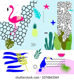 Tropical jungle leaves background with flamingo and toucan. Summer vector illustration design. Flamingo and toucan exotic background poster. Tropical leaves art print