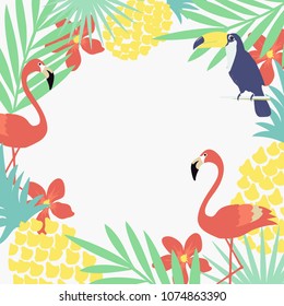 Tropical jungle leaves background with flamingo, toucan and pineapple. Summer vector illustration design. Flamingo and toucan exotic floral frame poster. Tropical leaves art print