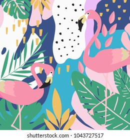 Tropical jungle leaves background with flamingos. Summer vector illustration design. Flamingo background. Exotic background poster. Tropical leaves art print