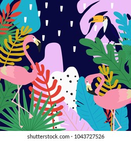 Tropical jungle leaves background with flamingos and toucans. Summer vector illustration design. Flamingo and toucan background. Exotic background poster. Tropical leaves art print