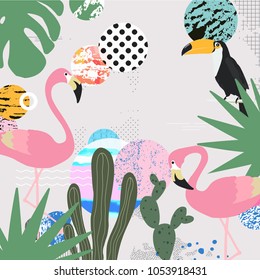 Tropical jungle leaves background with flamingos and toucan. Summer vector illustration design. Flamingo and toucan background. Exotic background poster. Tropical leaves art print