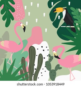 Tropical jungle leaves background with flamingos and toucan. Summer vector illustration design. Flamingo and toucan background. Exotic background poster. Tropical leaves art print