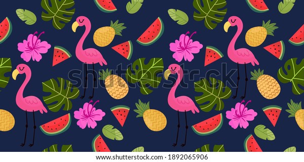 Tropical jungle leaves background with\
flamingos. Summer vector illustration design. Flamingo background.\
Exotic background poster. Tropical leaves art\
print