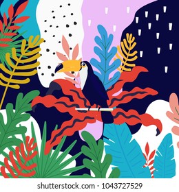 La jungla tropical deja el fondo con el tucán. Diseño de ilustración vectorial de verano. Fondo táctil. Afiche de fondo exótico. Hojas tropicales impresas