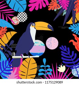 Tropical jungle leaves background with toucan. Colorful tropical poster design. Exotic leaves, plants and branches art print. Toucan bird wallpaper, fabric, textile vector illustration design