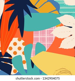 Tropical jungle leaves and flowers background. Colorful tropical poster design. Exotic leaves, flowers, plants and branches art print. Botanical pattern, wallpaper, fabric vector illustration design