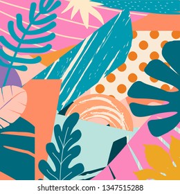 Tropical jungle leaves and flowers background. Colorful tropical poster design. Exotic leaves, flowers, plants and branches art print. Botanical pattern, wallpaper, fabric vector illustration design