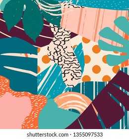 Tropical jungle leaves and flowers background. Colorful tropical poster design. Exotic leaves, flowers, plants and branches art print. Botanical pattern, wallpaper, fabric vector illustration design