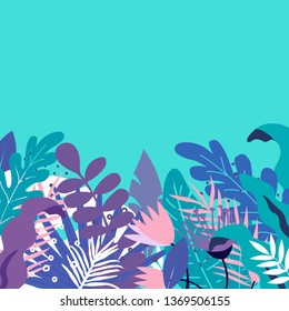 Tropical jungle leaves and flowers background. Colorful tropical poster design. Exotic leaves, flowers, plants and branches art print. Botanical pattern, wallpaper, fabric vector illustration design