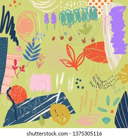 Tropical jungle leaves and flowers background. Colorful tropical poster design. Exotic leaves, flowers, plants and branches art print. Botanical pattern, wallpaper, fabric vector illustration design