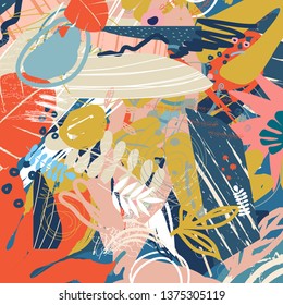 Tropical jungle leaves and flowers background. Colorful tropical poster design. Exotic leaves, flowers, plants and branches art print. Botanical pattern, wallpaper, fabric vector illustration design