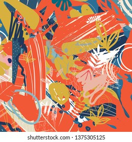 Tropical jungle leaves and flowers background. Colorful tropical poster design. Exotic leaves, flowers, plants and branches art print. Botanical pattern, wallpaper, fabric vector illustration design