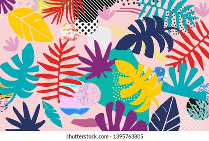 Tropical jungle leaves and flowers background. Colorful tropical poster design. Exotic leaves, flowers, plants and branches art print. Botanical pattern, wallpaper, fabric vector illustration design