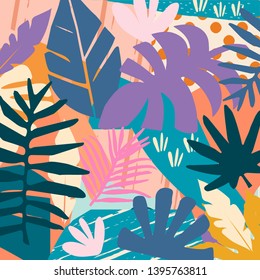 Tropical jungle leaves and flowers background. Colorful tropical poster design. Exotic leaves, flowers, plants and branches art print. Botanical pattern, wallpaper, fabric vector illustration design