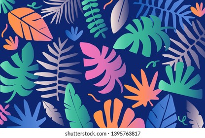 Tropical jungle leaves and flowers background. Colorful tropical poster design. Exotic leaves, flowers, plants and branches art print. Botanical pattern, wallpaper, fabric vector illustration design