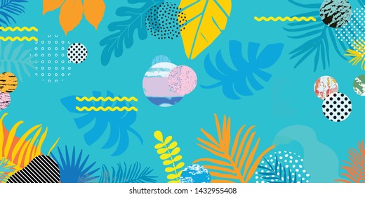 Tropical jungle leaves and flowers background. Colorful tropical poster design. Exotic leaves, flowers, plants and branches art print. Botanical pattern, wallpaper, fabric vector illustration design