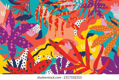 Tropical jungle leaves and flowers background. Colorful tropical poster design. Exotic leaves, flowers, plants and branches art print. Botanical pattern, wallpaper, fabric vector illustration design	