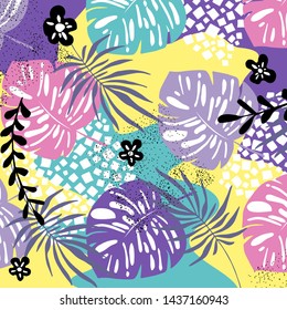 Tropical jungle leaves and flowers pattern. Colorful hand drawn tropical poster design. Exotic leaves art print. Creative botanical background, wallpaper, fabric vector, illustration design