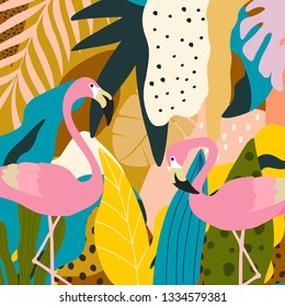 Tropical jungle leaves and flowers poster background with flamingos. Colorful exotic leaves, flowers, plants and branches art print. Botanical pattern, wallpaper, fabric vector illustration design