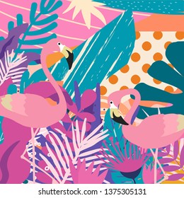 Tropical jungle leaves and flowers poster background with flamingos. Colorful exotic leaves, flowers, plants and branches art print. Botanical pattern, wallpaper, fabric vector illustration design