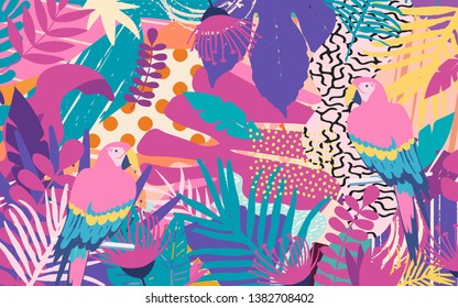 Tropische Dschungelblätter und Blumen, Posterhintergrund mit Papageien. Farbige exotische Blätter, Blumen, Pflanzen und Äste drucken. Botanisches Muster, Tapete, Vektorgrafik-Design