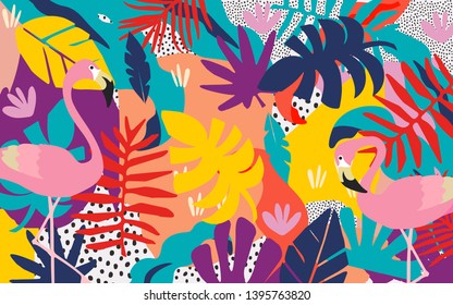 Tropische Dschungelblätter und Blumen, Posterhintergrund mit Flamingos. Farbige exotische Blätter, Blumen, Pflanzen und Äste drucken. Botanisches Muster, Tapete, Vektorgrafik-Design
