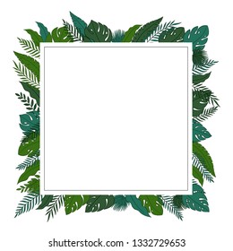Tropical jungle leaves frame border with a blank square space for a text, logo, or product designs. View from above. Hand drawn vector illustration.