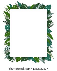 Tropical jungle leaves frame border with a blank space for a text, logo, or product designs. View from above. US Paper scale. Hand drawn vector illustration.