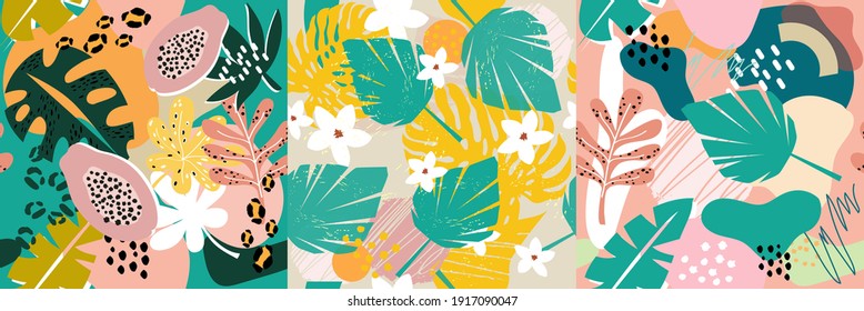 Tropical jungle leaves, fruits and various shapes seamless pattern. Abstract Modern exotic jungle plants illustration collection