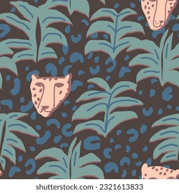 Tropical Jungle leaves and leopard heads seamless pattern in vector.