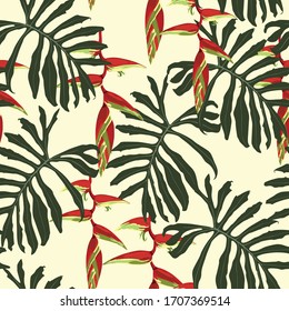 Tropical jungle leaves and  paradise red paradise flowers on light background. Beach seamless pattern.