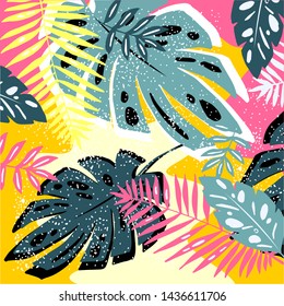 Tropical jungle leaves pattern. Colorful hand drawn tropical poster design. Exotic leaves art print. Creative botanical background, wallpaper, fabric vector illustration design