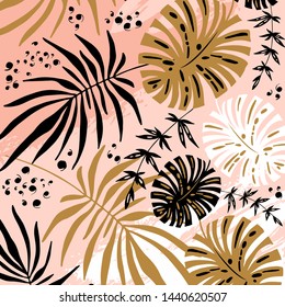 Tropical jungle leaves pattern. Colorful hand drawn tropical poster design. Exotic leaves art print. Creative botanical background, wallpaper, fabric vector, illustration design