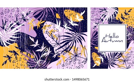 Tropical jungle leaves pattern. Colorful hand drawn tropical poster design. Exotic leaves art print. 