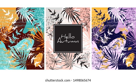 Tropical jungle leaves pattern. Colorful hand drawn tropical poster design. Exotic leaves art print. 