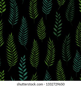 Tropical jungle leaves seamless pattern. Hand drawn vector illustration on black background. For fashion, textile, web, print, surface design
