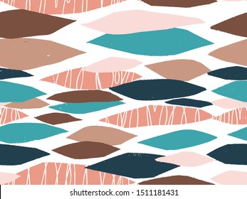 Tropical jungle leaves and various shapes. Abstract contemporary checkered seamless patterns. Modern patchwork illustrations in vector.
