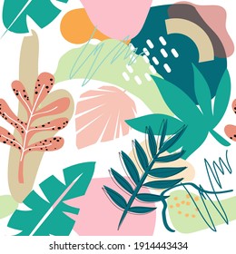 Tropical jungle leaves and various shapes seamless pattern. Abstract Modern exotic jungle plants illustration