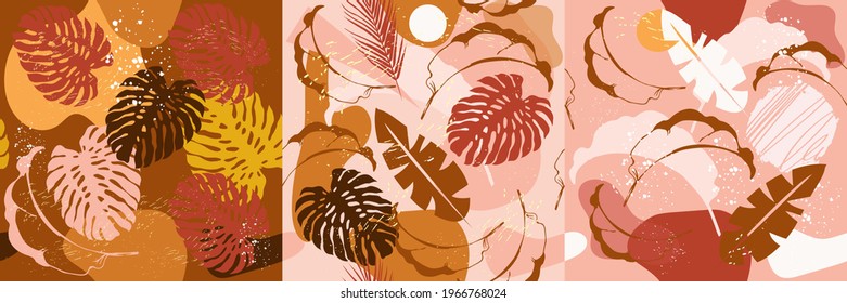 Tropical jungle leaves and various shapes, seamless pattern collection. Abstract Modern exotic jungle plants illustration. Design t-shirt, wallpapers, print, postcards
