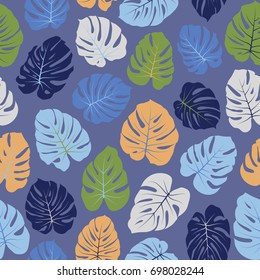 Tropical jungle leaves vector green and blue seamless pattern. Philodendron or monstera plant repeating background for textile, fabric, summer decoration. Floral pattern with monstera leaf.