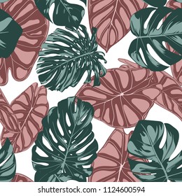 Tropical Jungle Leaves. Vector Seamless Pattern. Philodendron or Monstera Plant Repeating Background for Textile, Wallpaper, Summer Decoration. Floral Seamless Pattern with Alocasia and Monstera Leaf.